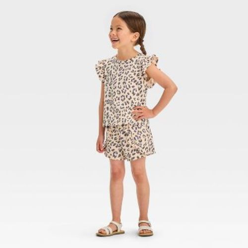 Grayson Mini Toddler Girls' Flutter Sleeve Leopard Printed & French Terry Shorts Set - Beige 12M