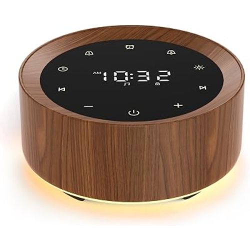 White Noise Machine with Alarm Clock & Night Light for Babies and Adults, 20 Soothing Sounds, Glare-Free Upward Display, Touch Control, Memory Function, 5 Sleep Timers, Wood Grain
