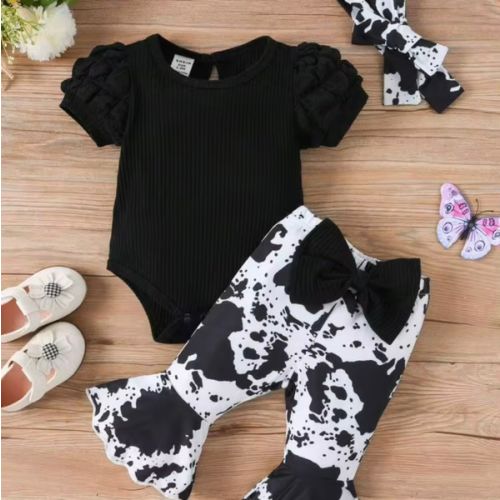 Baby Girl Fashionable And Casual Puff Sleeve Ribbed Bodysuit With Printed Flare Pants, Cute Hair Accessory, Simple Set For Spring And Summer | SHEIN USA