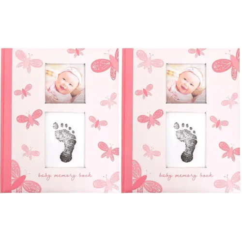 Butterfly First 5 Years Memory Book, Baby Girl Keepsake, Baby Milestone Book, Pregnancy Journal, With Ink Pad For Newborn Handprint or Footprint, Pink (Pack of 2)