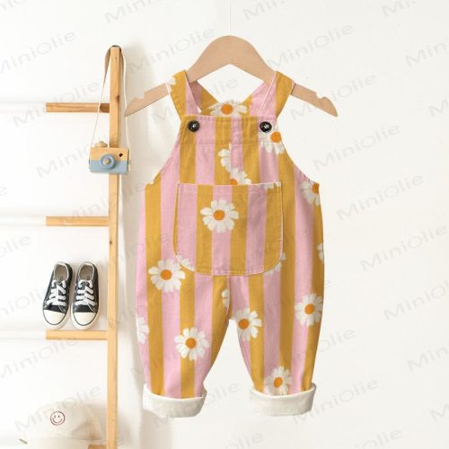 Baby Toddler Daisy Pink & Yellow Vertical Striped Overalls