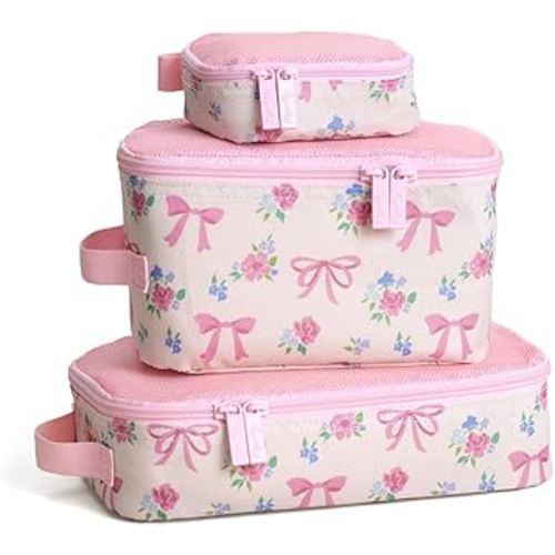Itzy Ritzy Packing Cubes for Travel – Set of 3 Packing Cubes or Travel Organizers; Each Cube Features a Mesh Top, Double Zippers and a Fabric Handle (Ribbons & Roses)