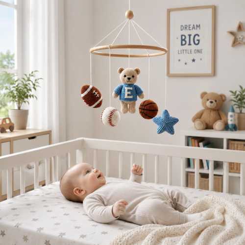 Sports Bear Baby Mobile, Crochet Crib Mobile, Handmade Teddy Bear Nursery Decor, Personalized Baby Mobile, Baby Shower Gift, Newborn Gift