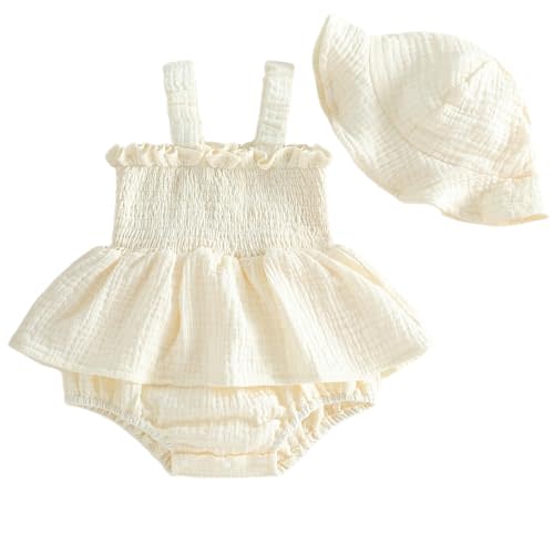 Mubineo Baby Girl Clothes Summer Dress Cotton Linen Romper Sleeveless Smocked Rompers Sun Dress Hat Skirt Boho Outfits