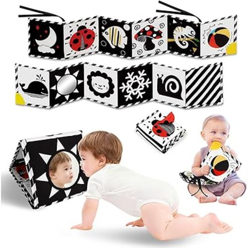 Tummy Time Toys, High Contrast Baby Book with Mirror & Teether, Black and White Infant Books, 0-6-12 Months Soft Book for Newborn, Sensory Books, Tummy Time Car Seat Toys 0-6 Month Boy Girl Gift