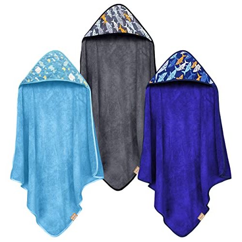 CORAL DOCK 3 Pack Baby Hooded Bath Towel Sets, Ultra Absorbent Baby Essentials Item for Newborn Boy Girl, Baby Bath Shower Towel Gifts for Infant and Toddler - Shark World