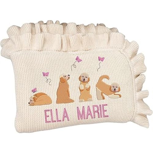 Golden Doodle Knit Blanket with Name Embroidery, Personalized Baby Girl Gift, Custom Dog Themed Nursery Decor, Soft Keepsake for Newborns