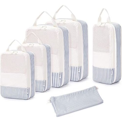 Narwey 6 Set Striped Compression Packing Cubes for Travel Kids Women, Durable Packing Organizers Bag for Carry on Luggage Suitcase Duffle Bags Backpack (Greyish Blue Stripe)