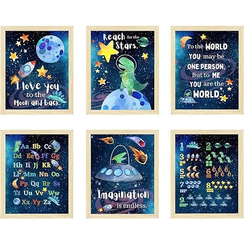Dinosaur Outer Space Education Number Alphabet Posters Wall Art Prints Planet Rocket Painting for Nursery Kids Bedroom Classroom Decor Baby Kids Room Decorations,Home Decor,Set of