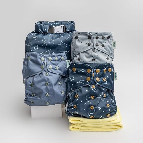 Kinder Cloth Diapers Reusable Baby Diapers Pocket Style Athletic Wicking Jersey, Wet Bag, Newborn to Potty Training 7-60lbs, One Size, Bamboo Viscose Inserts (Starlight, 3 Pack, with Inserts)