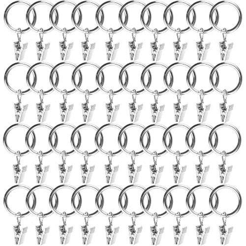 WMYCONGCONG 40 PCS 4mm Thicken Curtain Rings with Clips 1 in Inner Diameter Decorative Drapery Window Curtain Ring with Clip Rustproof Hangers Drapes Ring, Fits up to 5/8 Inch Curtain Rod, Silver
