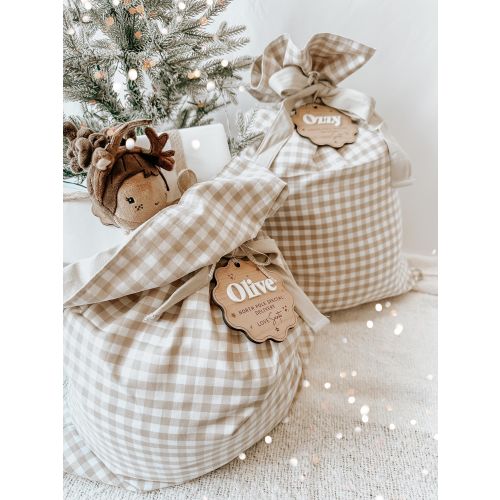 Personalized Beige Gingham Christmas Sack With Wooden Name Plaque | Christmas Sack Tags | Santa Sack
