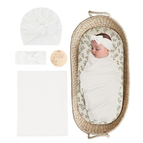 ZURLEFY Stretchy Baby Swaddle Blanket and Headband Set, Newborn Receiving Blankets with Matching Hat for Nursery Swaddle Wrap