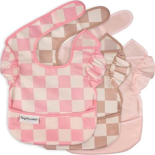 Tiny Twinkle Mess-Proof Baby Bibs for Eating | Waterproof, Wipeable Toddler Bibs with Catch-All Pocket | Feeding Bibs for Girls & Boys(3 Pack,Checkers Girl)
