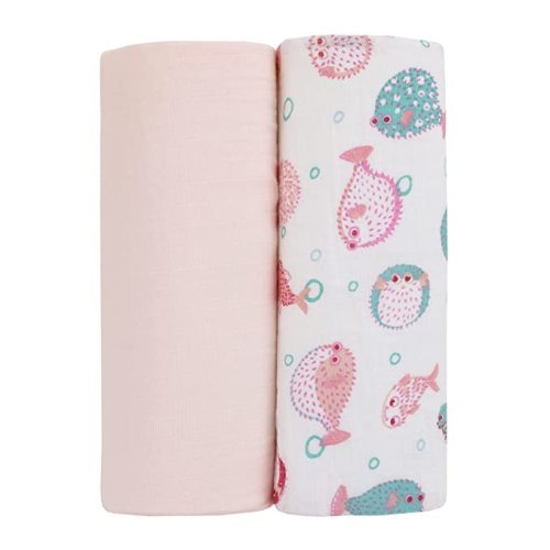 NoJo Puffer Fish Blush Pink and White Ocean 100% Cotton 2Pk Muslin Swaddles - Aqua