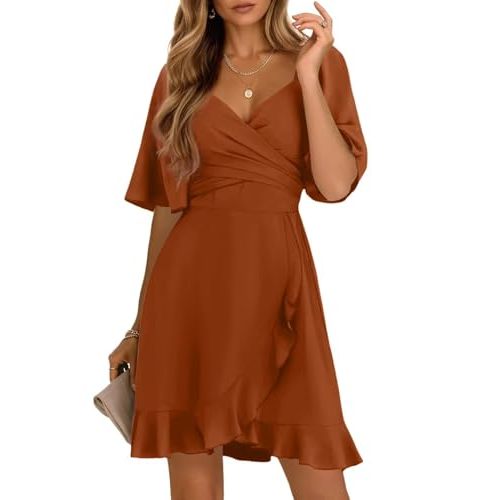 Dokotoo Women's Wrap V Neck Short Flared Sleeve Wedding Guest Dress Smocked Elastic Waist Tiered Belted Ruffle Hem Mini Dress