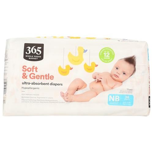 365 by Whole Foods Market, Soft & Gentle Newborn Diapers with Wetness Indicator, Ultra-Absorbent, Hypo-Allergenic, 36 Count