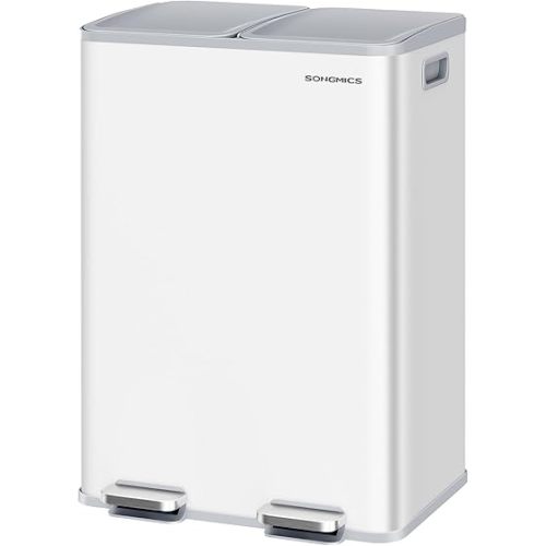 SONGMICS Trash Can, 2 x 8 Gallon (2 x 30 L) Dual-Compartment Garbage Can with Soft-Close Lid, Pedal and Inner Buckets, Stainless Steel, Includes 15 Liner Bags, Matte White ULTB741W01