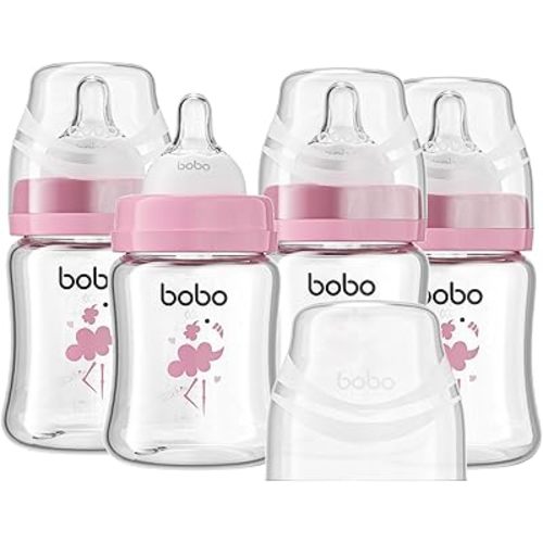 YOHKOH Glass Baby Bottles with Slow Flow Nipple, Newborn Anti-Colic Baby Bottles for 0+ Months, Wide Neck Feeding Bottle, Borosilicate Glass, Clear Red, 5oz (Pack of 4)