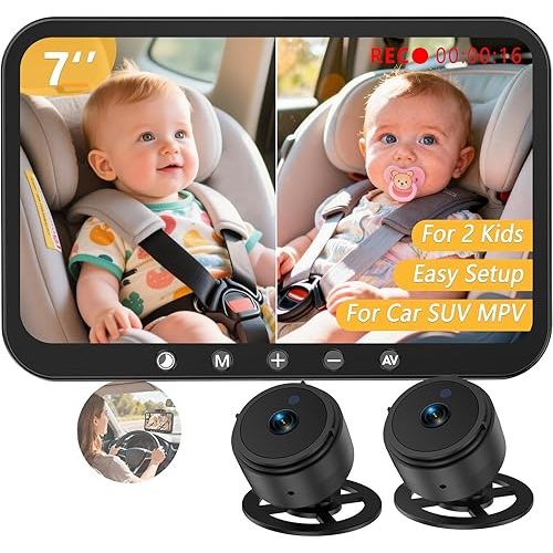 Gwozn Dual Baby Car Camera for 2 Kids: 7-Inch 1080P Split-Screen Monitor with Recording Backseat Camera for Twins - USB Powered Clear Night Vision Easy to Install New - Baby Shower
