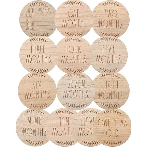Rae Dunn 13 Baby Milestone Plaques - Wooden Baby Monthly Milestone Props for Newborn Boy or Girl - First Year Baby Signs for Photo Shoot Photography Prop - Track The First 12 Months of Life