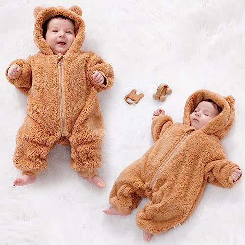 UVIPC Baby Newborn Bear Outfit Fleece Snowsuit Winter Clothes Hooded Jumpsuit Romper for Baby boy girl (White 0-3Months)