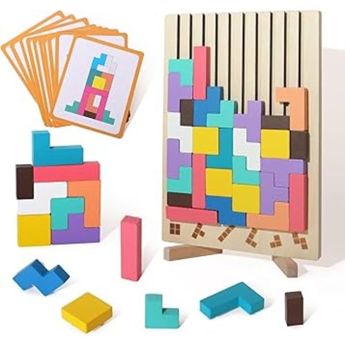Wooden Colored 3D Russian Block Puzzle Jigsaw Stacking Montessori Toys Educational Gift for Boys and Girls Board Game for Toddlers Brain Blocks Teasers for Toddlers 3-6 Years