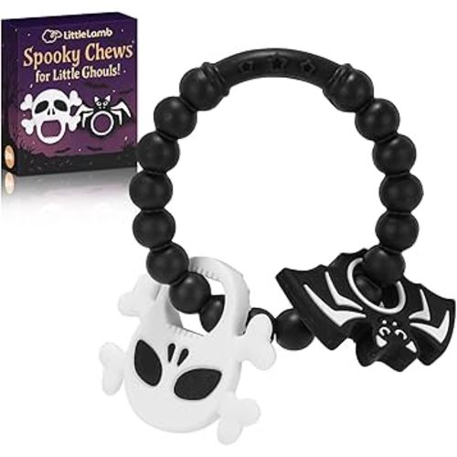 Halloween Baby Teething Ring Toys – Skull & Bat Silicone Teethers for Newborns, Infants & Toddlers – Sensory Chew Bracelet for Teething Relief – Perfect Baby’s First Halloween Basket Stuffers