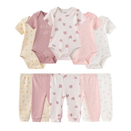 Baby Bodysuit and Pant Set Cotton Ribbed Mix Infant Girl Clothes | Unisex newborn summer outfits 10-pcs,neutral and sweet style mixed bundle gift clothing set