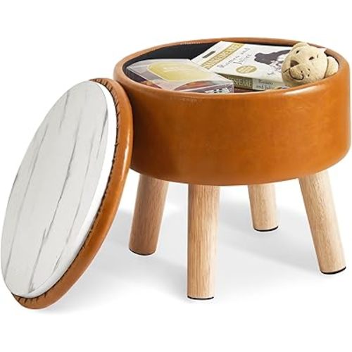IBUYKE 13 Inch Foot Stool Ottoman with Storage, Round Small Foot Rest with Padded Seat and Wood Legs, PU Faux Leather Mini Footstool for Living Room Couch Bedroom Entryway, Yellowish-Brown WBD023J