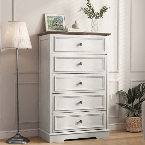 5 Drawer Dresser for Bedroom, Retro Wood Storage Cabinet with Antique Bronze Round Handles, Vintage Chest of Drawers with Solid Base for Living Room, Hallway, Entryway, Guest Room, Off-White