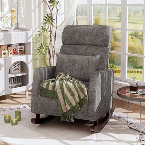 ALPHA HOME Rocking Chair, Glider Chair for Nursery with Lumbar Pillow, High Back Rocker Armchair with Solid Wood Legs for Indoor Living Room, Baby Room, Bedroom(Grey)