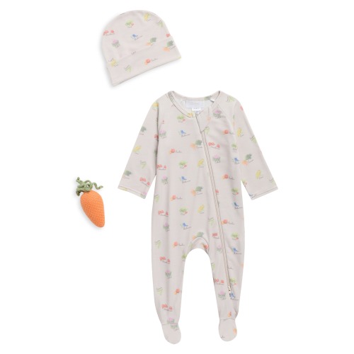 Veggie Print Zip Footie & Beanie Set with Crochet Carrot Rattle