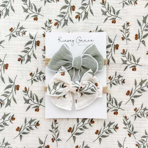 Sage Floral Hair Bow Set, Baby Bows, Baby Headbands, Newborn Girl Bows, Toddler Hair Bows, Girls Hair Clips, Womens Hair Bow, Bow Headband