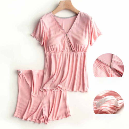 2 PCS Maternity Nursing Pajamas Set Postpartum Breastfeeding Short Sleeve Shirts, Pregnancy Blouse & Pants Pjs Pink M