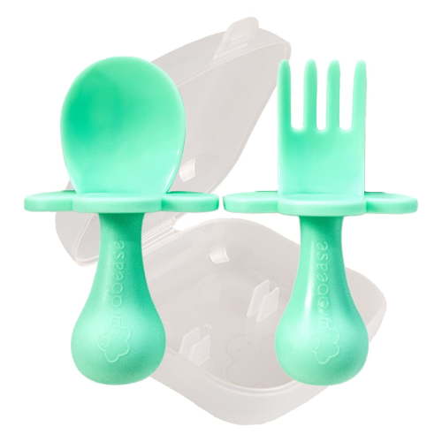 Grabease Baby and Toddler Self-Feeding Utensils – Spoon and Fork Set for Baby-Led Weaning – Made of Non-Toxic Plastic – Featuring Protective Barriers to Prevent Choking and Gagging