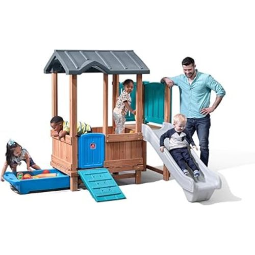 Step2 Woodland Adventure Playhouse & Slide, Kids Outdoor Playset, Backyard Playground Set, Swings, Storage Drawer, Made of Wood & Durable Plastic, Outside Jungle Gym, for Children 3-8 Years Old