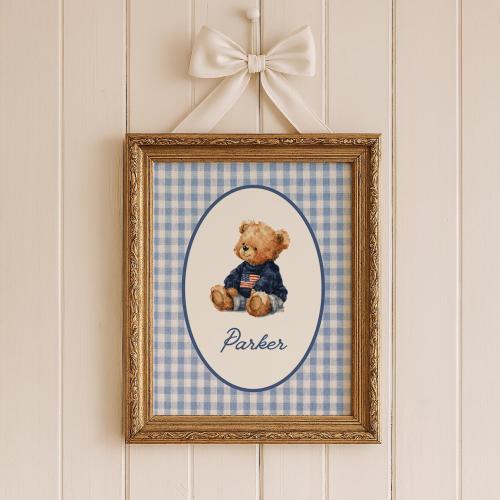 Custom Teddy Bear Name Print, Personalized Blue Gingham Nursery Art, Americana Vintage Boys Room Decor, Baby Shower Gift, Digital Download