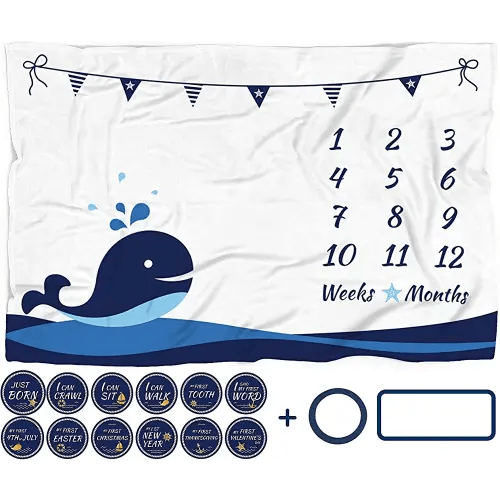 Milestone Blanket Boy, Whale Month Tracker, First Year Calendar Monthly Growth Chart, Photo Prop Mat, Baby Boy Shower Gifts, Nautical Nursery, (Minky 60"x40")
