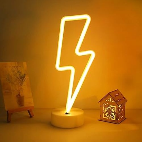 ENUOLI Lightning Neon Signs Warm White Decoration Art LED Lightning Neon Lights with Base Indoor for Living Room Office Christmas Wedding Party Bolt Battery Operated and USB Powered Night Lights