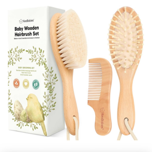 Baby Hair Brush and Comb Set for Newborn - Wooden Baby Hair Brush Set with Soft Goat Bristle, Baby Brush Set for Newborns Baby Brush and Comb Set Girl, Boy, Toddler Cradle Cap Brush (Oval, Walnut)