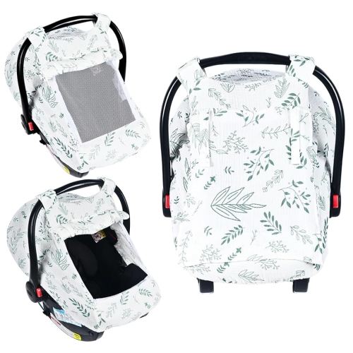 Summer Muslin Car Seat Cover Baby Girls Boys,Infant Carseat Covers with Breathable Window,3 Adjustable Modes, Lightweight Car Seat Sun Shade Cover for Babies,Green Leaf