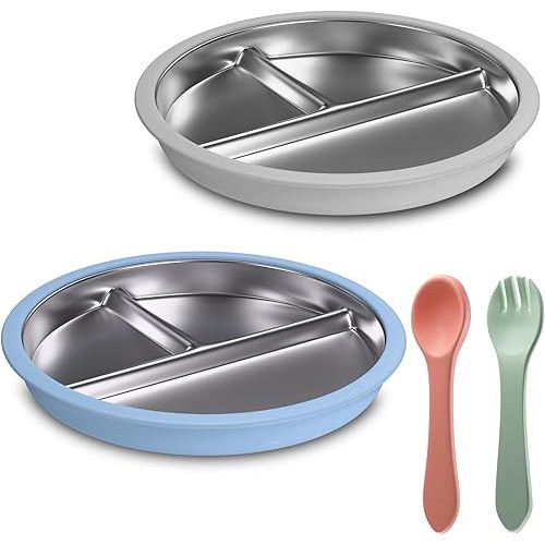 Stainless Steel Toddler Plate with Suction, 9” Divided Plates with Removable Silicone Sleeves for Kids, Non Toxic & BPA Free | Non Slip | Unbreakable Baby Snack Dishes Set of 2, Blue & Gray