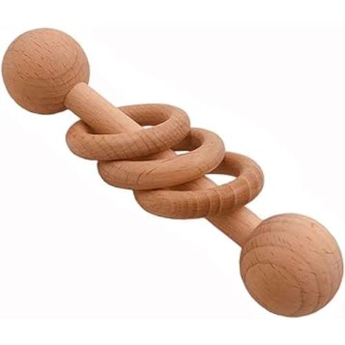 1pcs Beech Wooden Ring Rattle Teether Chew Wood Beads Rattling Teething Gym Montessori Toys Wooden Educational Ring Rattle (Rattle 1pcs)