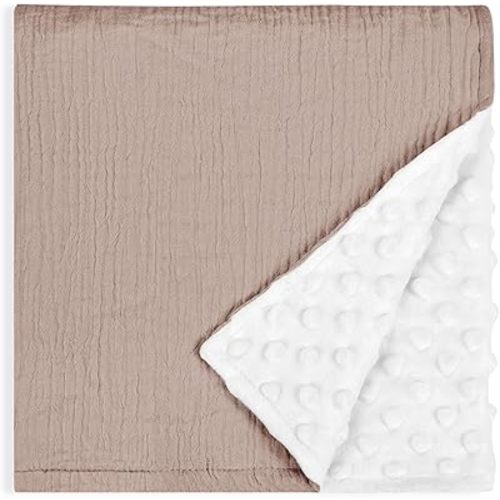 Baby Blankets for Boys Girls - Breathable Muslin Cotton & Dotted Fleece Blanket, Ultra Soft Gender Neutral Infant Toddler Swaddle 30x40 Inch, Khaki