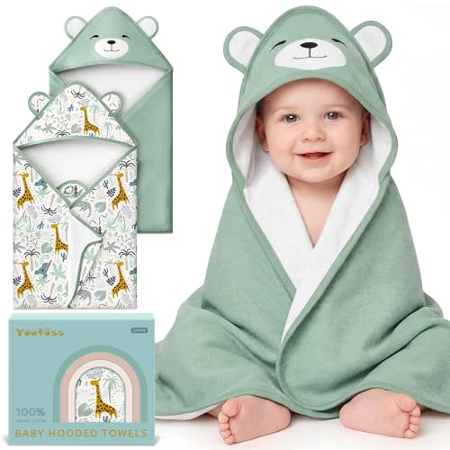 Yoofoss Hooded Baby Towels for Newborn 100% Organic Cotton Baby Bath Towel with Hood for Babies, Infant, Toddler and Kids, 32x32Inch, Soft and Absorbent Newborn Essential