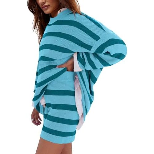 LAMISSCHE Womens Oversized Lounge Sets 2 Piece Outfits Striped Matching Pajama Set Long Sleeve Sweater Set