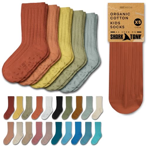 Foot Cardigan Organic Cotton Kids Socks, Non Slip Grip Crew, 5 Pairs Boys Girls Toddler to Teen Ages 2-14