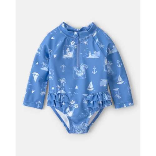 Baby Girl Sailboat Long-Sleeve 1-Piece Rashguard Swimsuit - Blue | Carter's