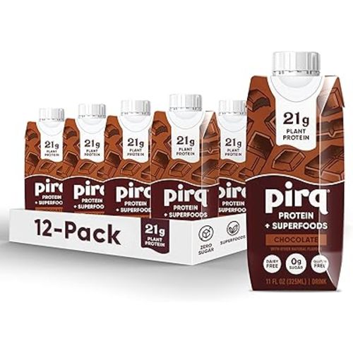 Pirq, 21g Dairy Free Protein Shake, 25 Superfoods, 0g Sugar, Plant-Based Protein Drink, Gluten-Free, Vegan, Kosher, Keto, Low Carb, Low Calorie (12 Pack) (Chocolate)
